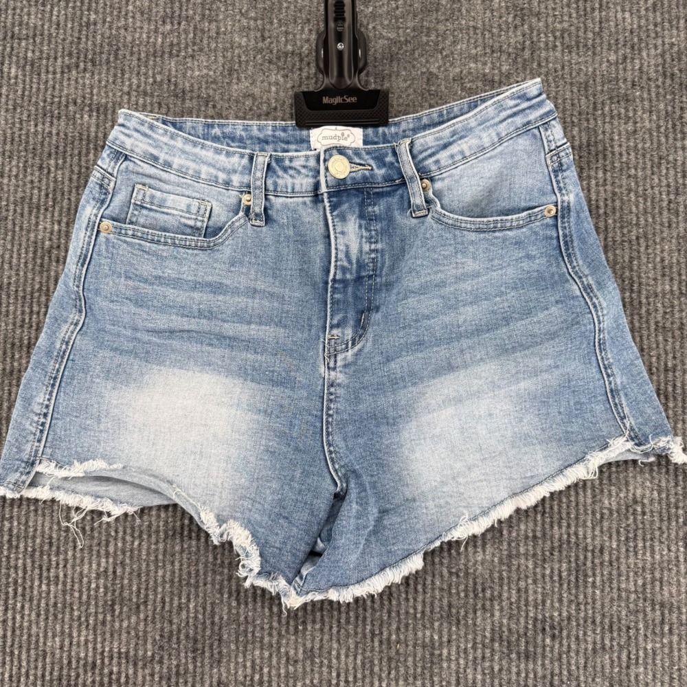 Mud Pie Denim Shorts Womens Size M Blue Excellent Frayed Raw Hem High Rise‎